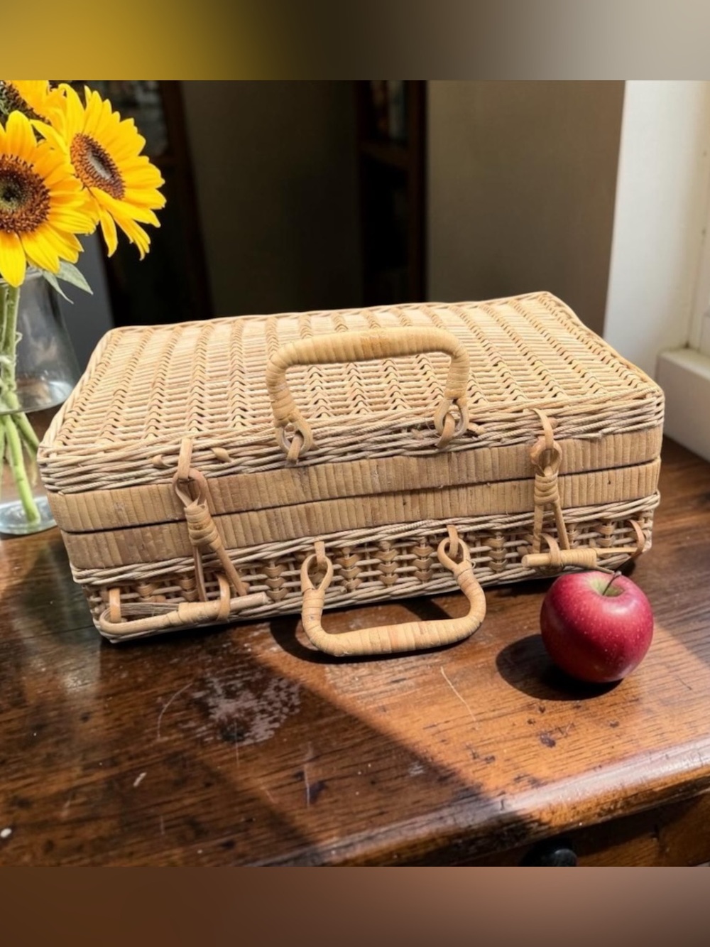 Vintage Handwoven Wicker French Picnic Basket - 8 x 11”